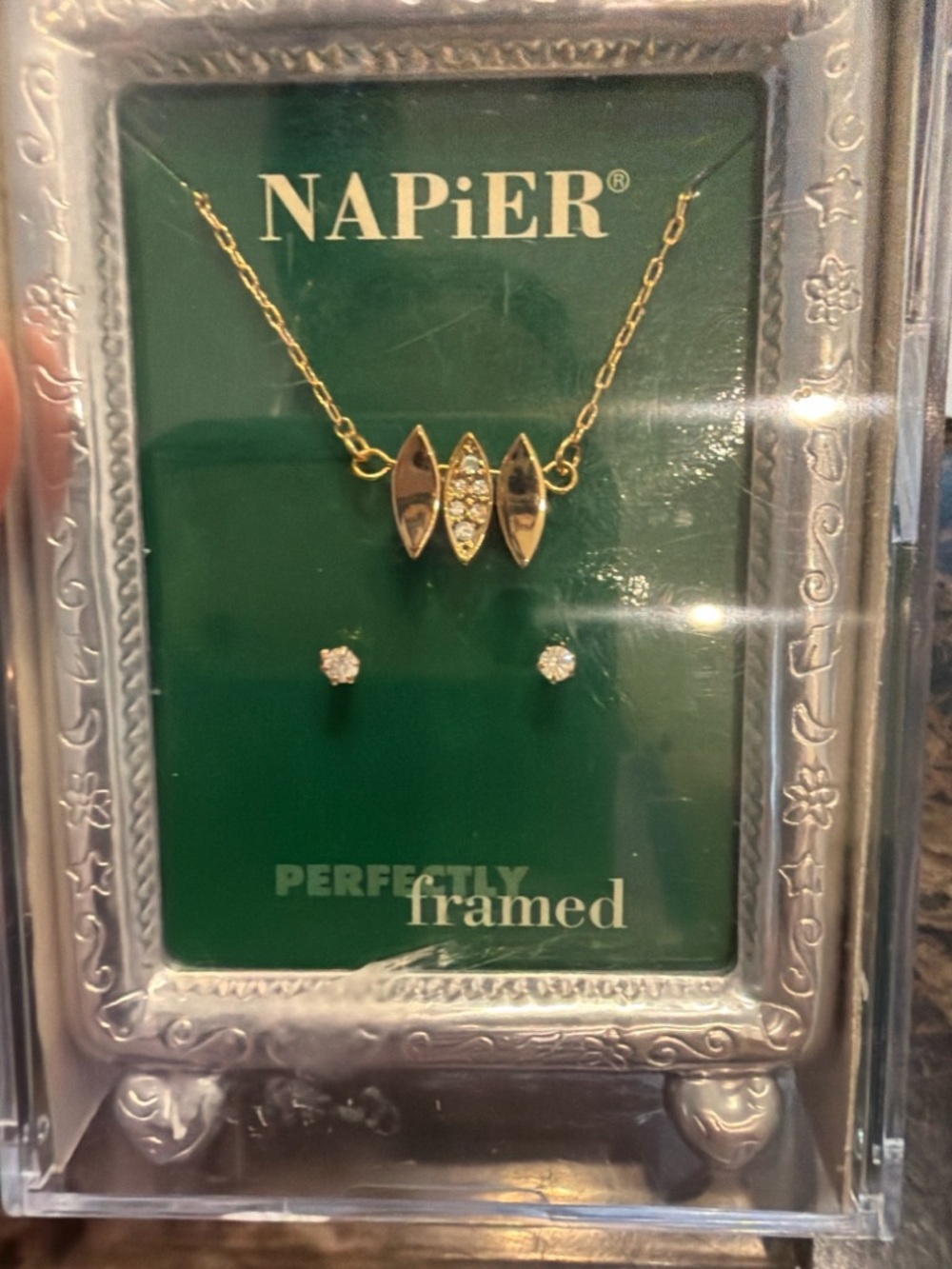 NAPiER Gold Tone Crystal Pendant Necklace and Stud Earrings - Gold